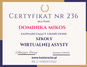 Certyfikat ukończenia kursu Wirtualnej Asystentki