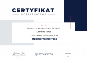Certyfikat ukończenia kursu WordPress Dominika Mikos
